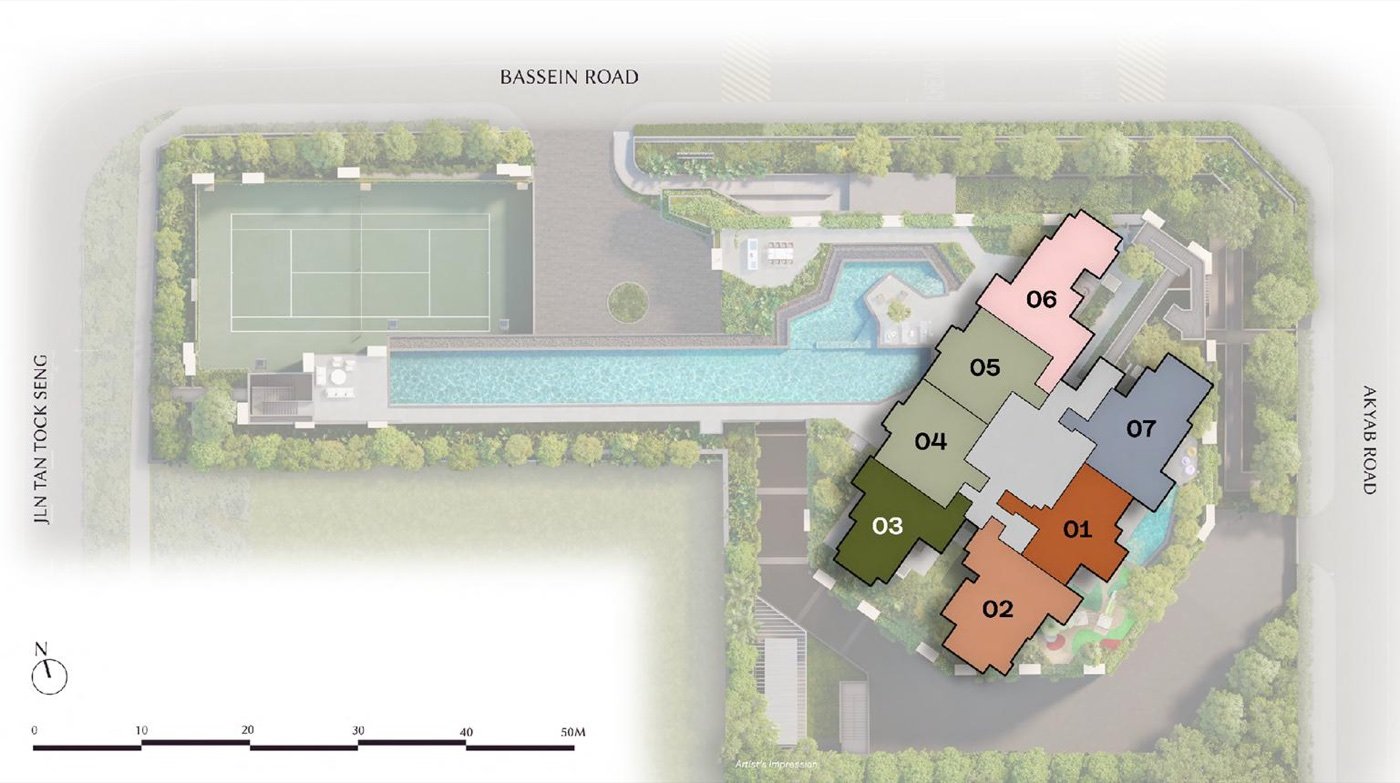 Site plan of The Serra Residences showing the seven unit stacks, the pool deck and the tennis court